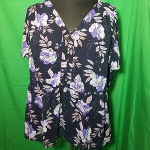 Lane Bryant Size 24 Blue Lavender Floral Flutter Short Sleeve Blouse Boho Retro